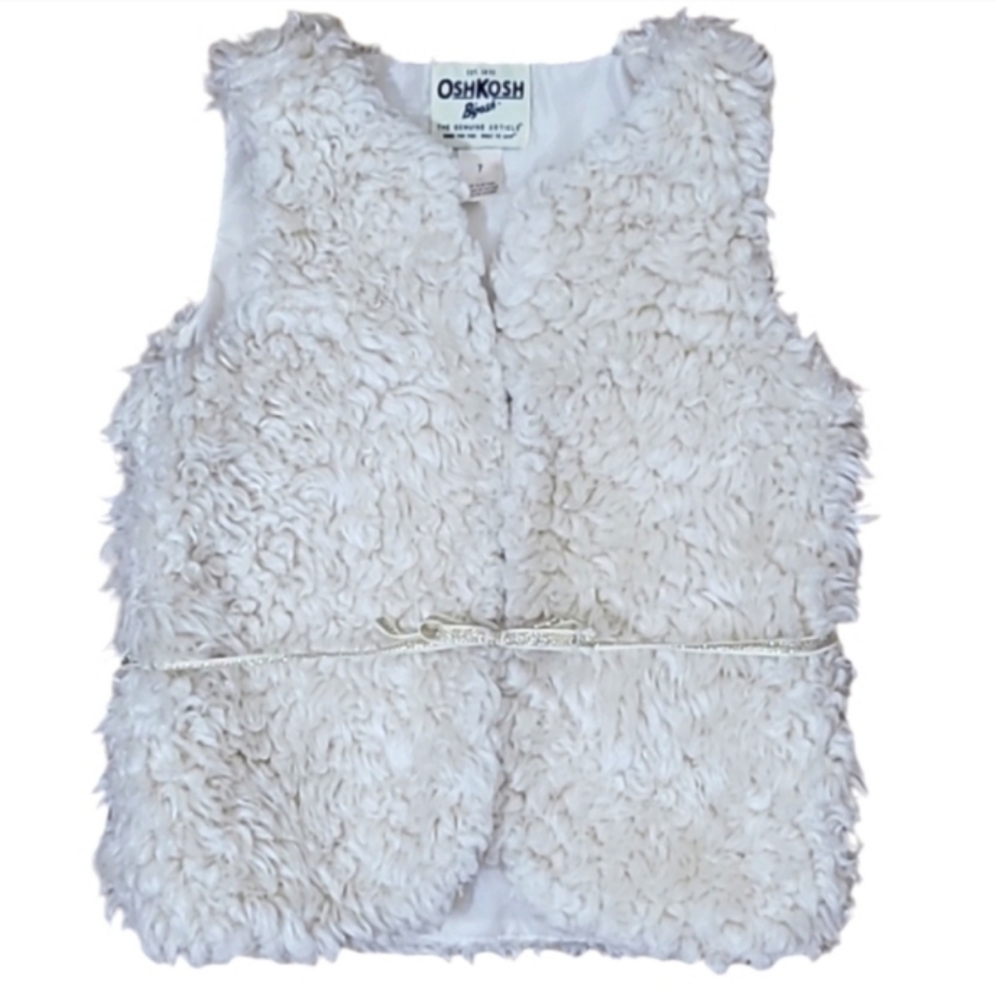 OshKosh B'gosh Vest Cream Fluffy Faux Fur Ribbon Detail Button Closure Size 7